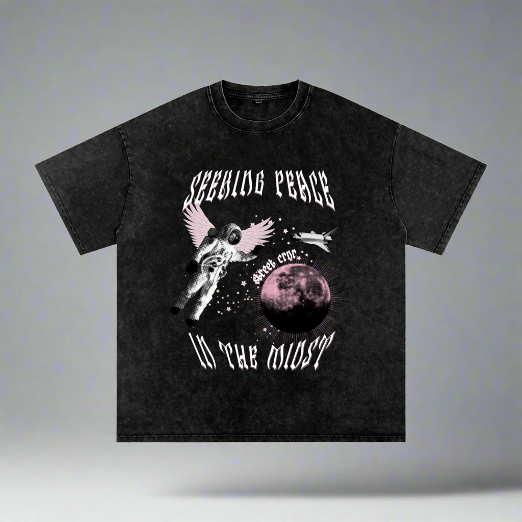 Acid Wash Oversize Graphic T-Shirt - seeking peace