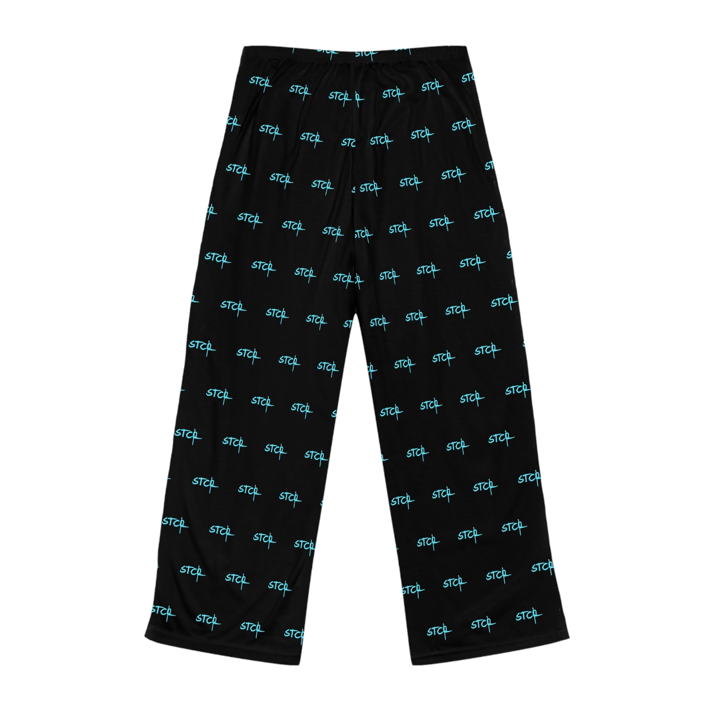 Black pants with blue 'STL' logo pattern on a white background