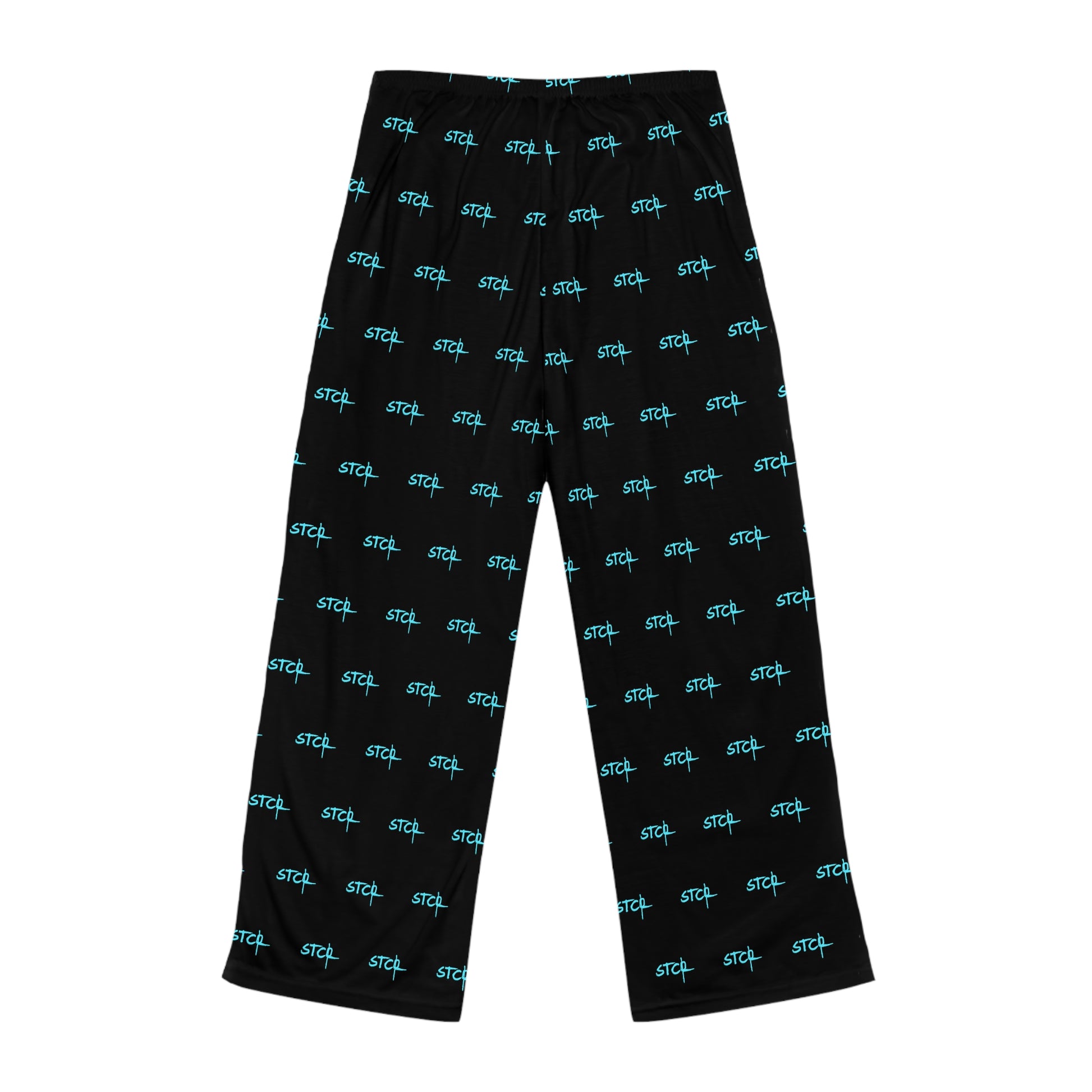 Black pants with blue 'STL' logo pattern on a white background