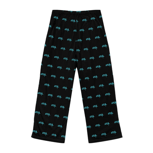 Black pants with blue 'STL' logo pattern on a white background