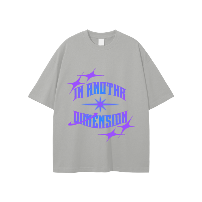 Gray t-shirt with purple text and star graphics on a white background