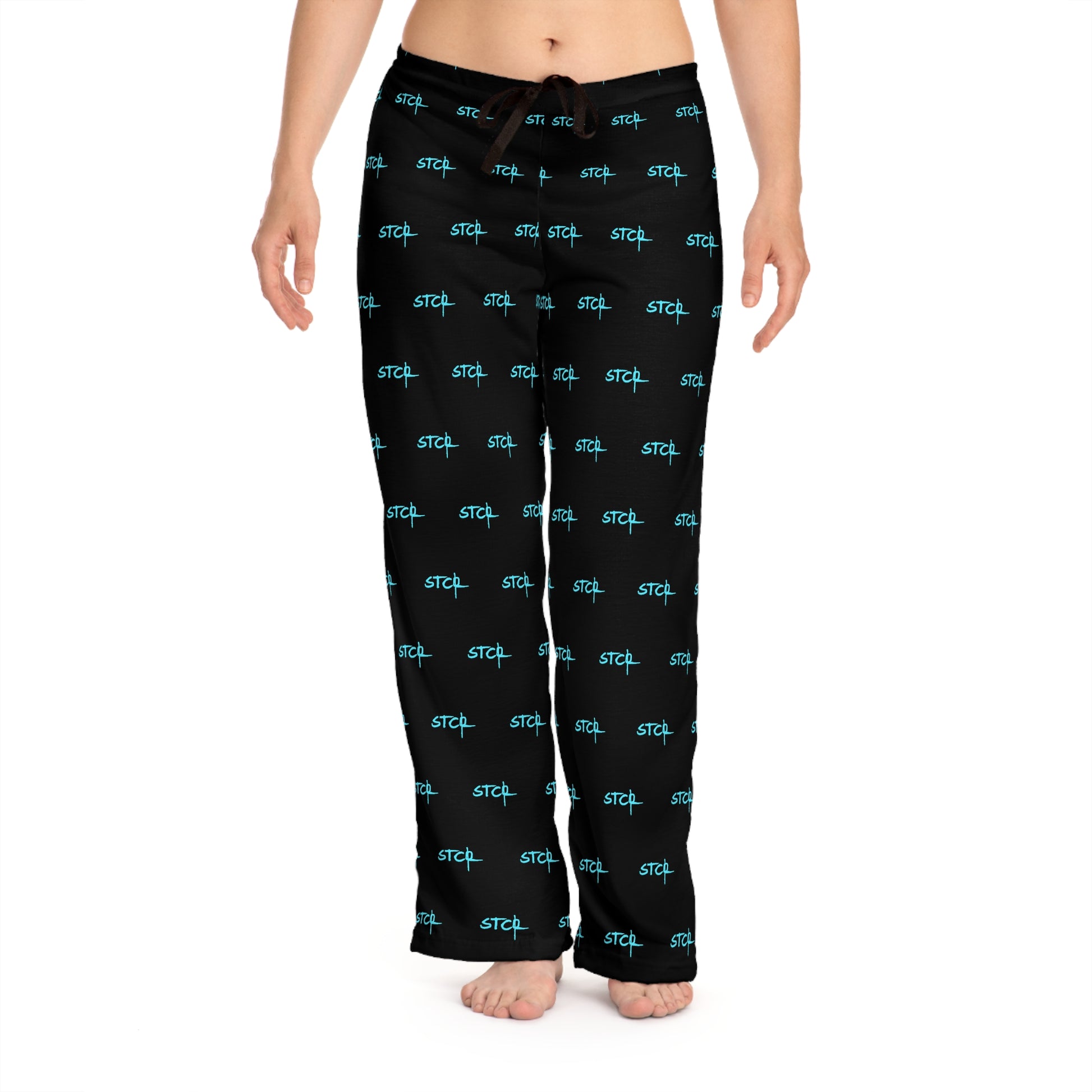 Black pajama pants with blue pattern on a white background