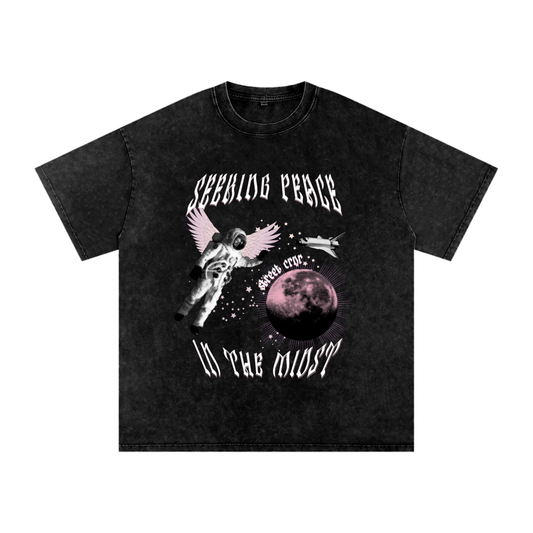 Acid Wash Oversize Graphic T-Shirt - seeking peace